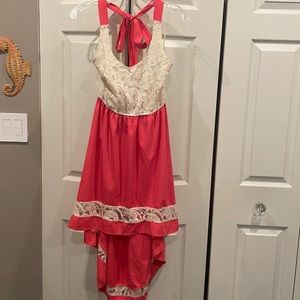 Cream and rose pink halter midi dress with lace detail